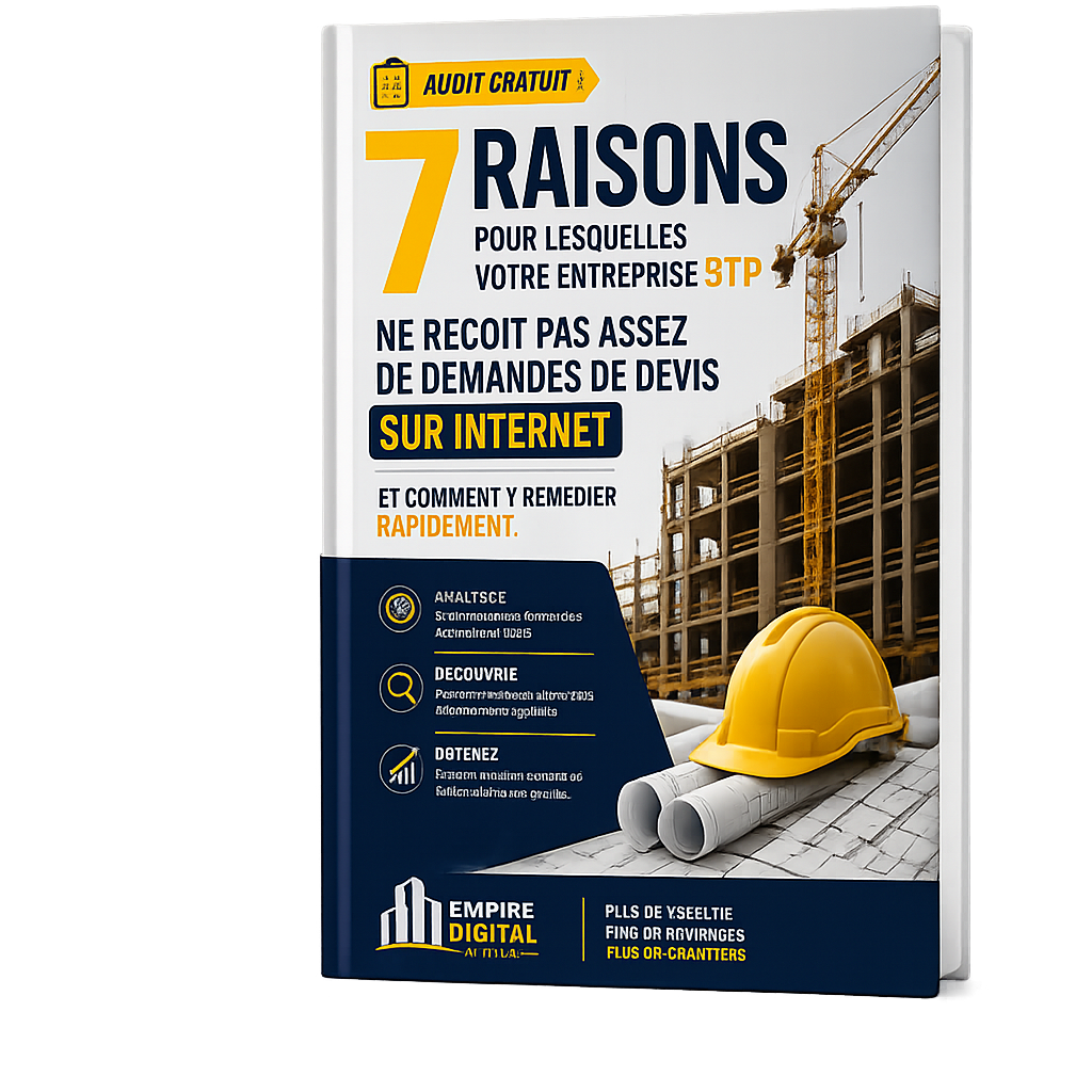 Couverture du guide BTP 7 raisons pour lesquelles votre entreprise BTP ne reçoit pas assez de demandes de devis sur Internet.