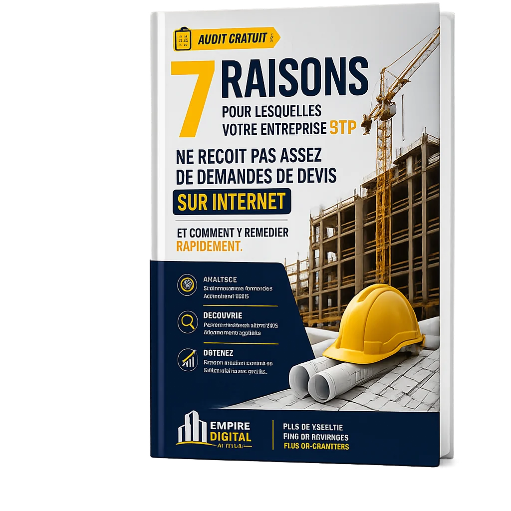 Couverture du guide BTP 7 raisons pour lesquelles votre entreprise BTP ne reçoit pas assez de demandes de devis sur Internet.