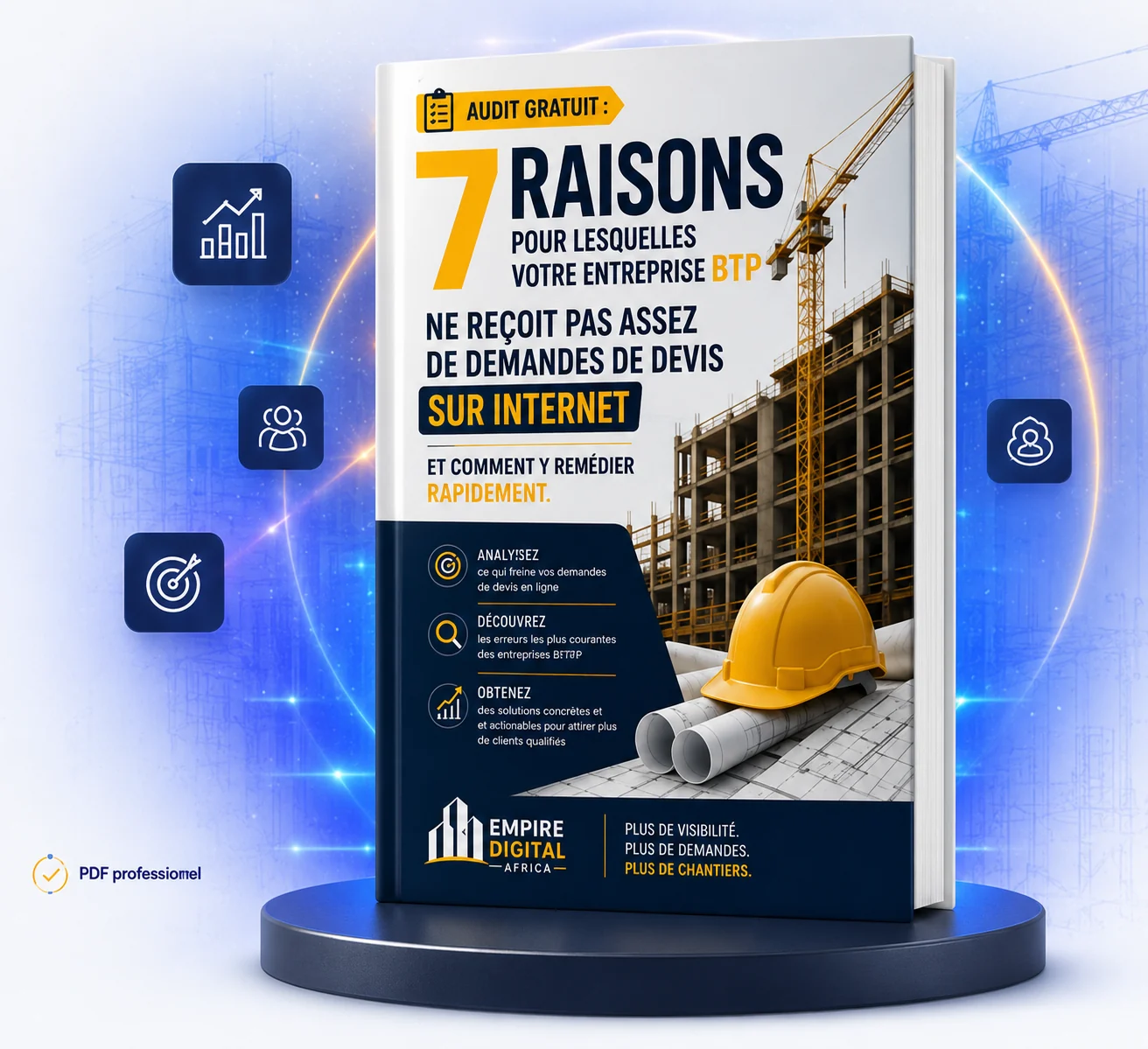 Couverture 3D du guide BTP : 7 raisons pour lesquelles votre entreprise BTP ne reçoit pas assez de demandes de devis sur Internet.
