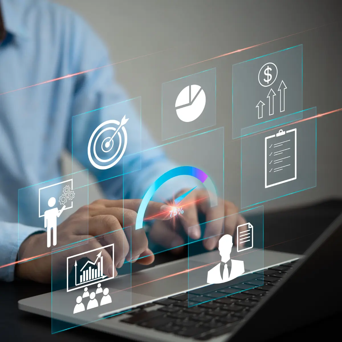 Tableau de bord digital montrant comment l'IA améliore les objectifs, la productivité et la croissance