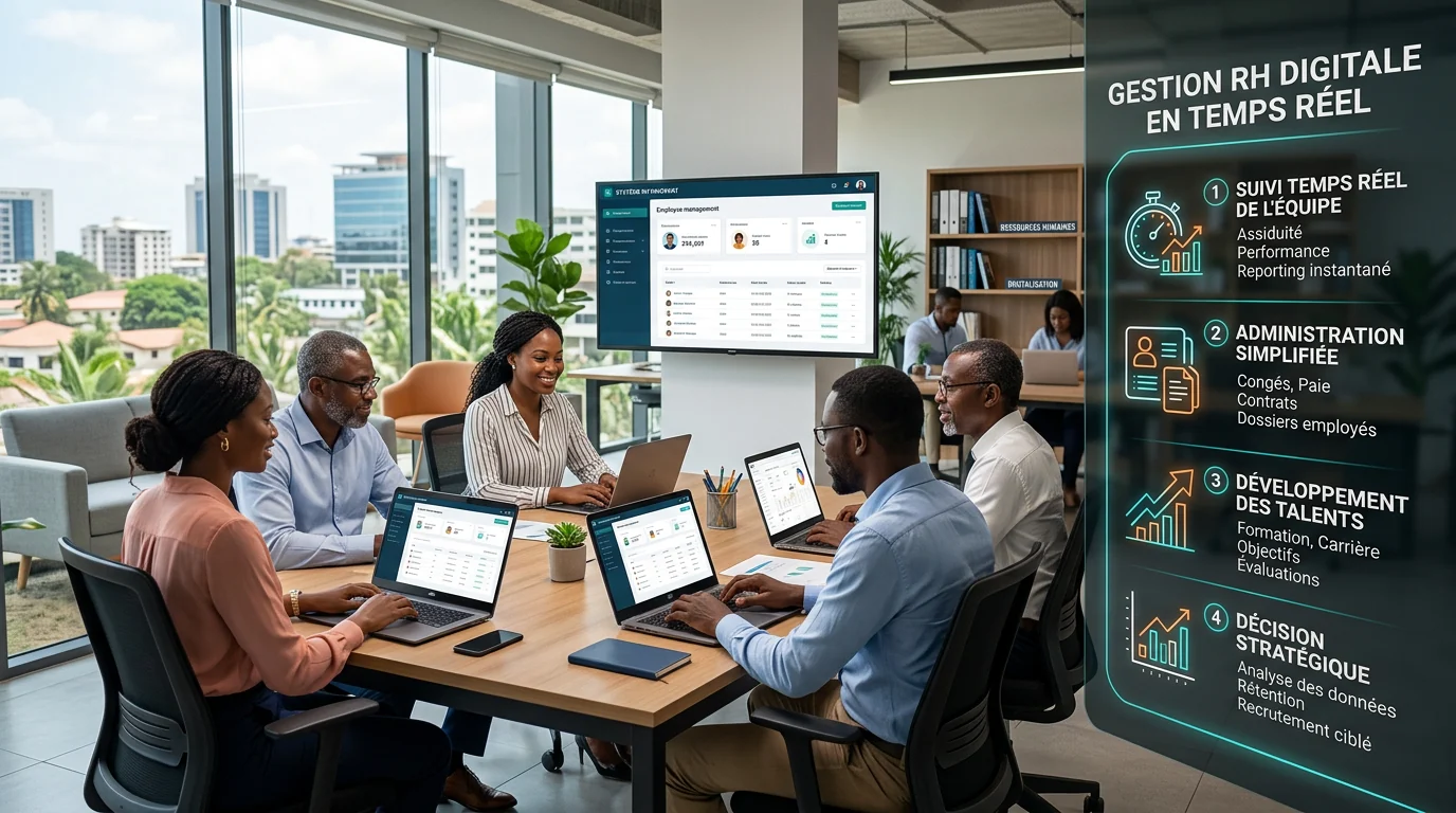 Gestion RH digitale en temps réel illustrant des workflows locaux adaptés aux entreprises africaines