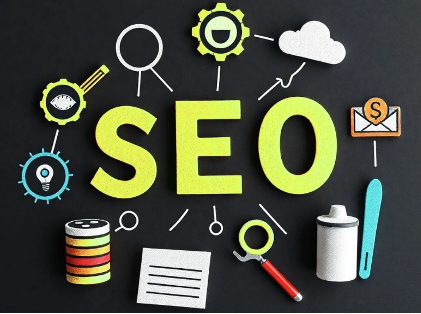 Illustration SEO avec outils de recherche, contenu et optimisation pour améliorer sa visibilité Google