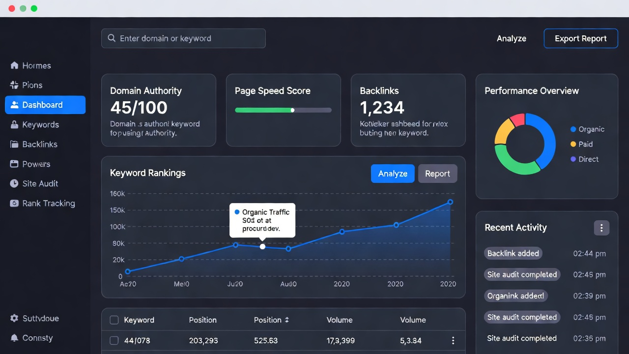 Tableau de bord SEO pour analyser les mots-clés, backlinks et performances Google