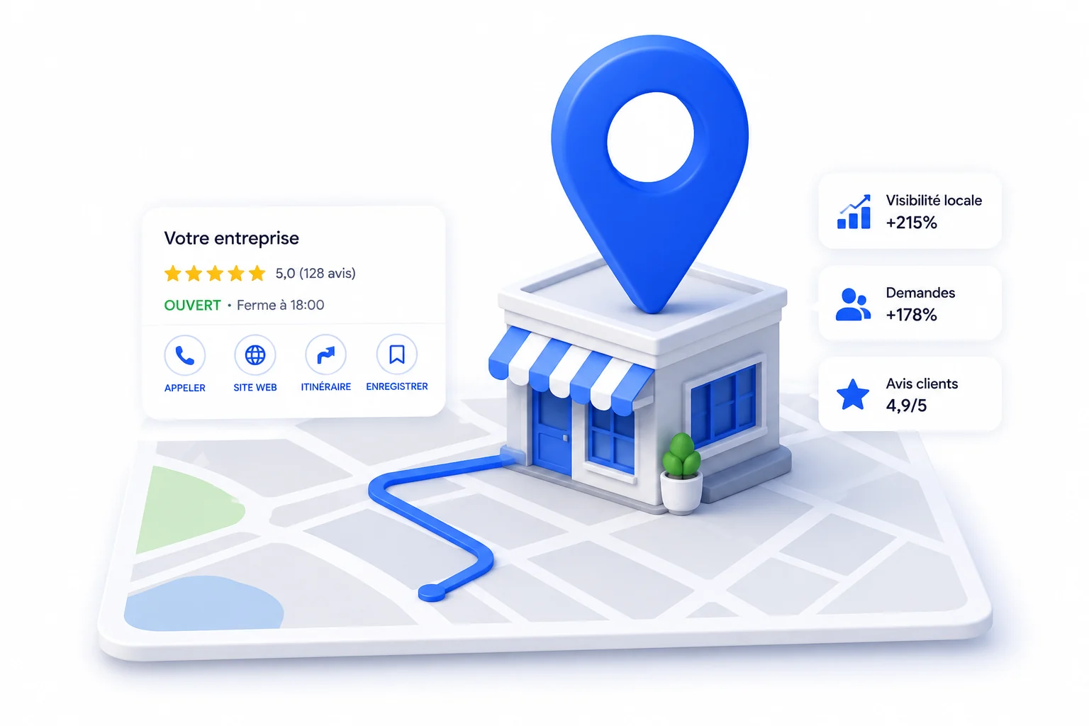 Illustration SEO local avec épingle Google Maps, boutique et indicateurs de visibilité.