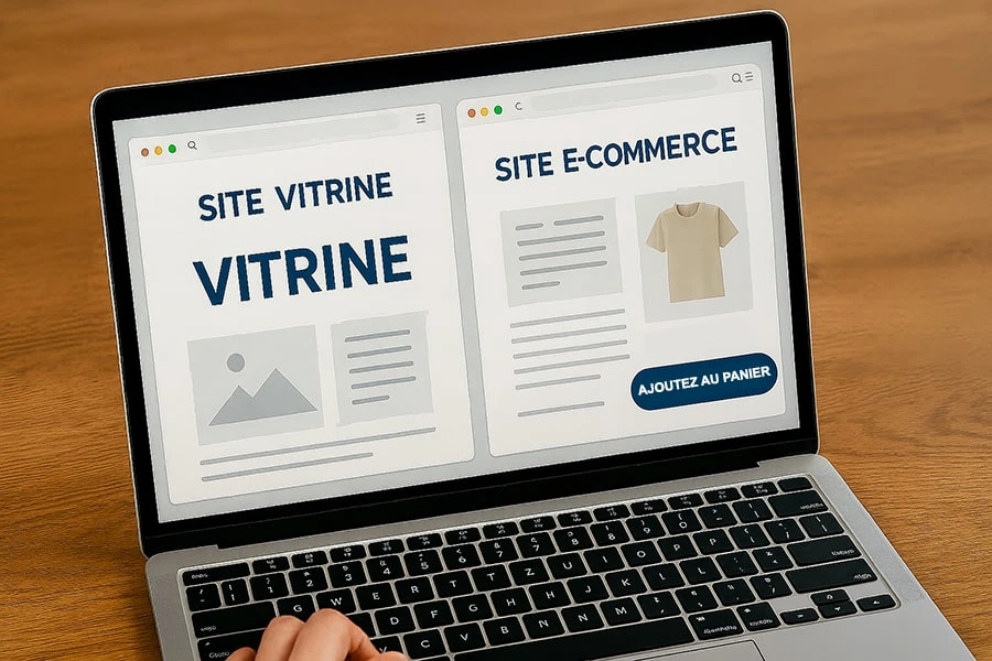 Comparaison entre site vitrine et site e-commerce sur un écran d'ordinateur