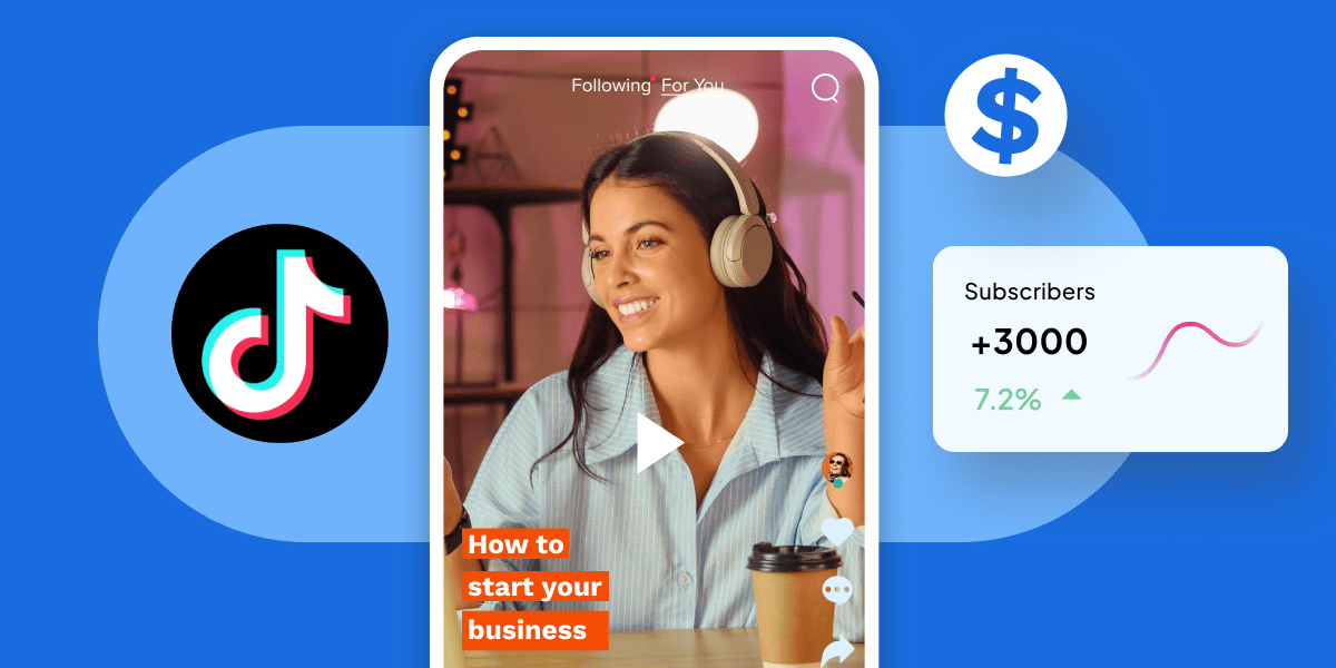Illustration TikTok Ads avec vidéo courte, croissance d'audience et indicateurs de campagne